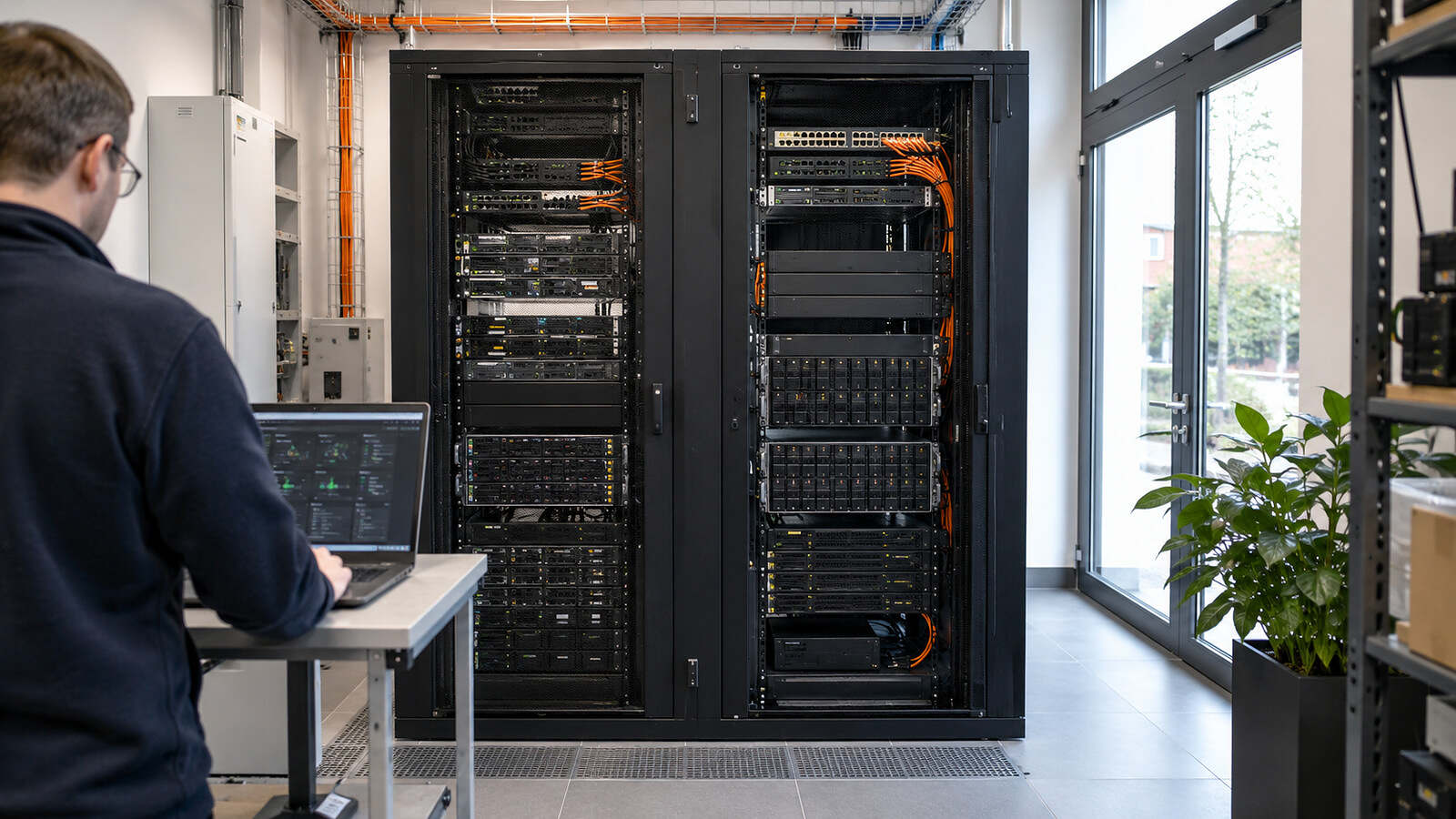 Technicien devant un cluster de virtualisation compact dans une salle serveur claire